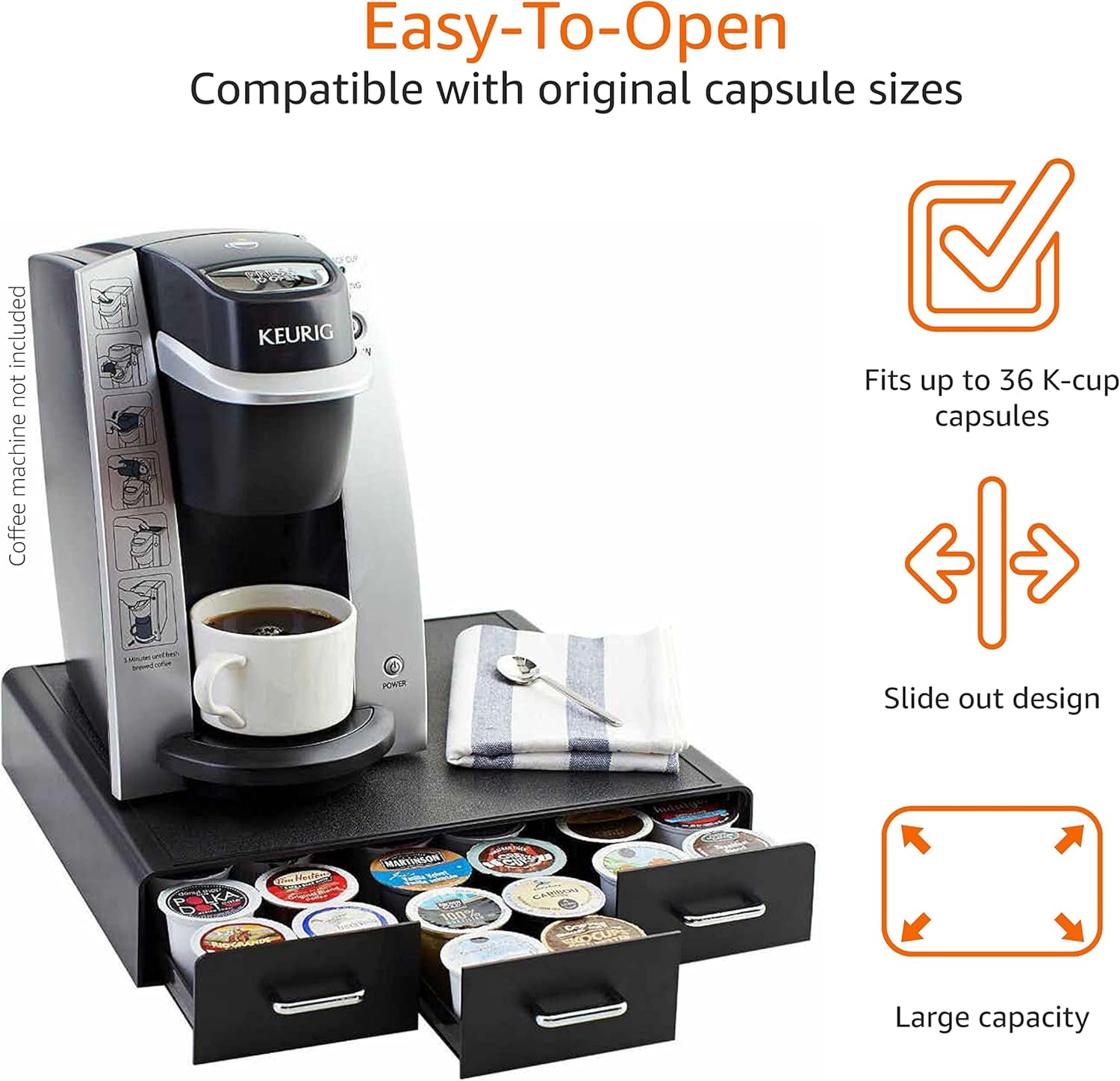 Sleek Black Coffee Capsule Storage Drawer - Organize Up to 36 K-Cup Pods with Ease