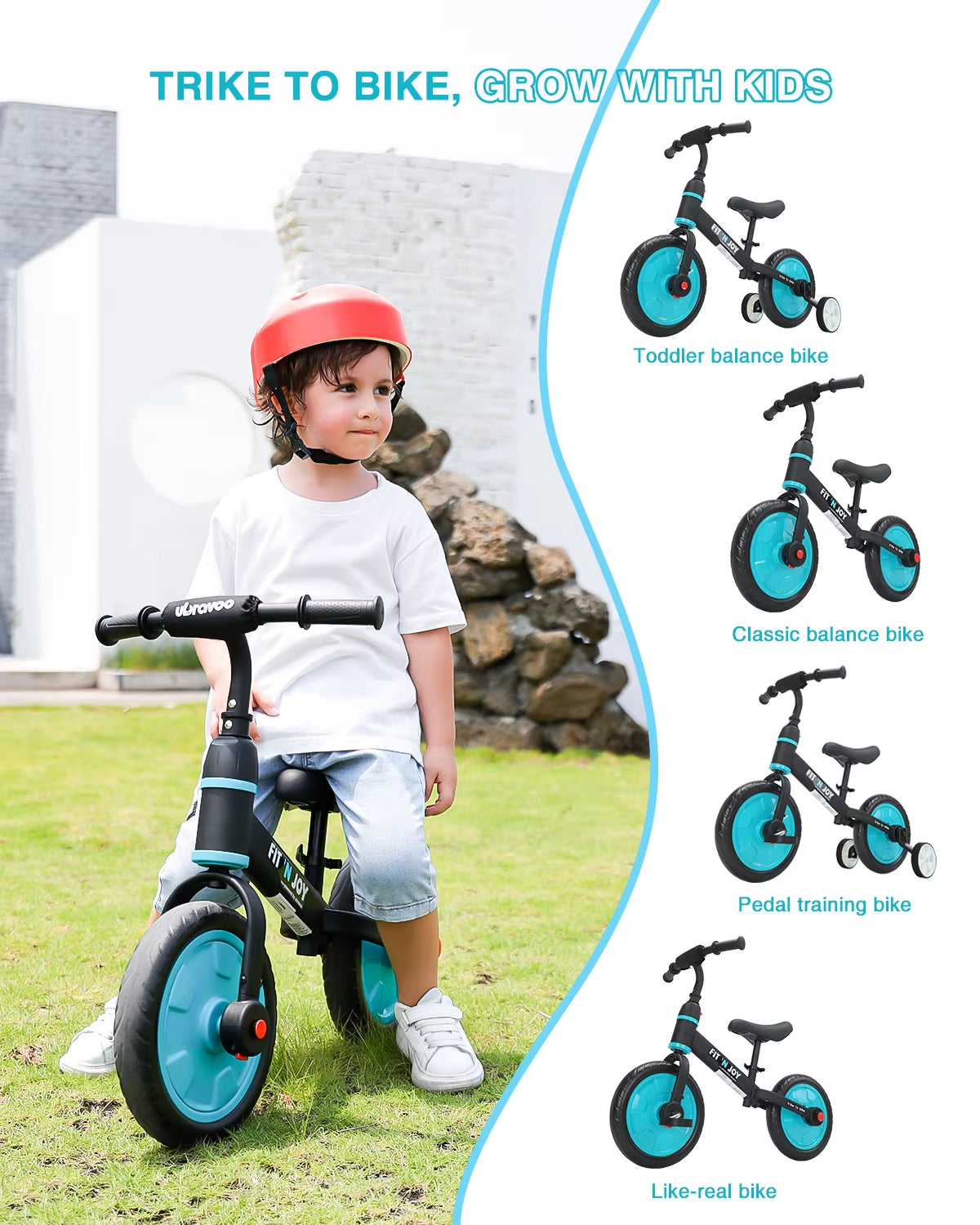 UBRAVOO Fit 'N Joy 4-in-1 Beginner Balance Bike for Toddlers Aged 2-4 - Versatile Training Bicycle with Pedals and Training Wheels for Boys and Girls