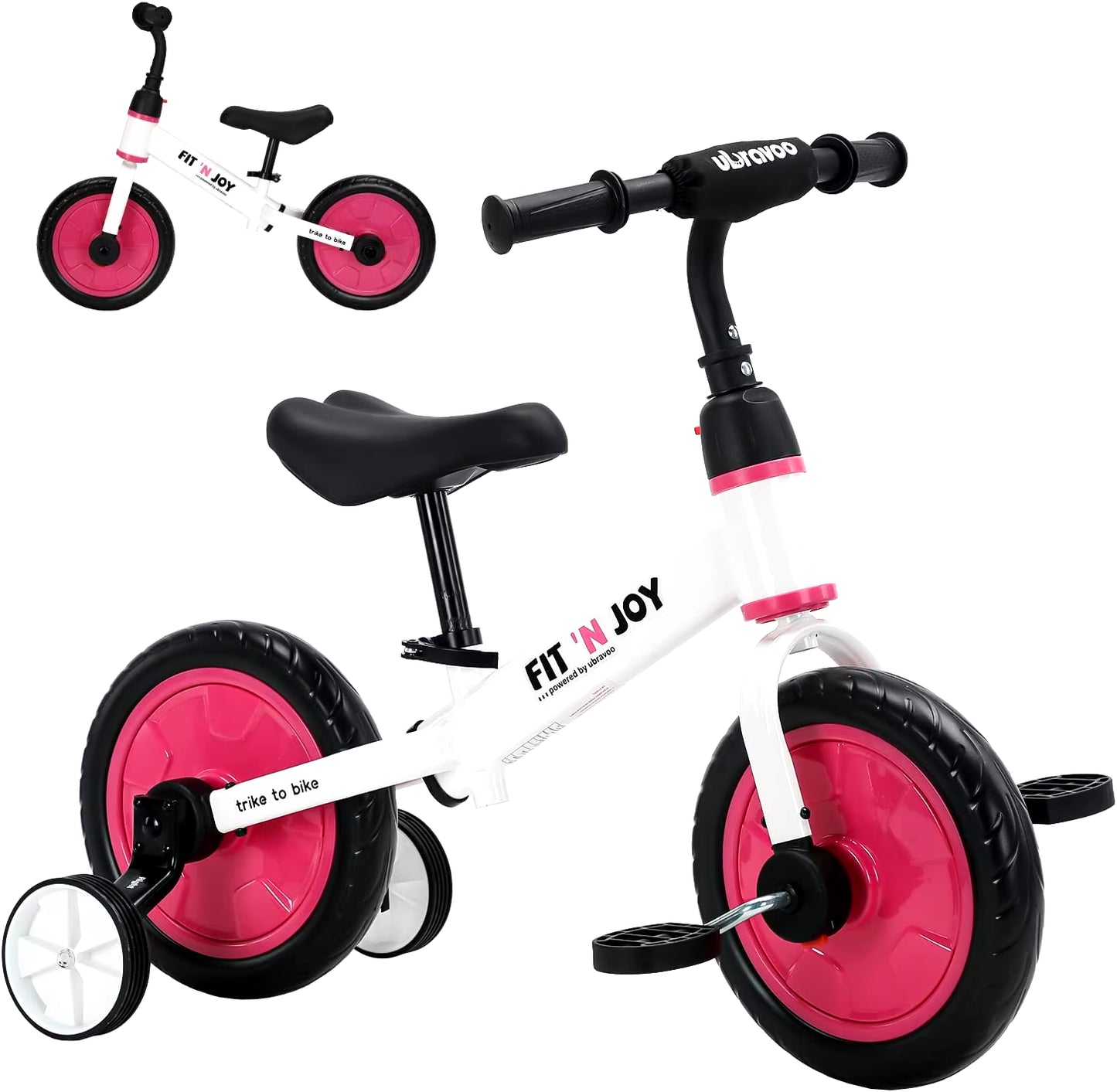 UBRAVOO Fit 'N Joy 4-in-1 Beginner Balance Bike for Toddlers Aged 2-4 - Versatile Training Bicycle with Pedals and Training Wheels for Boys and Girls