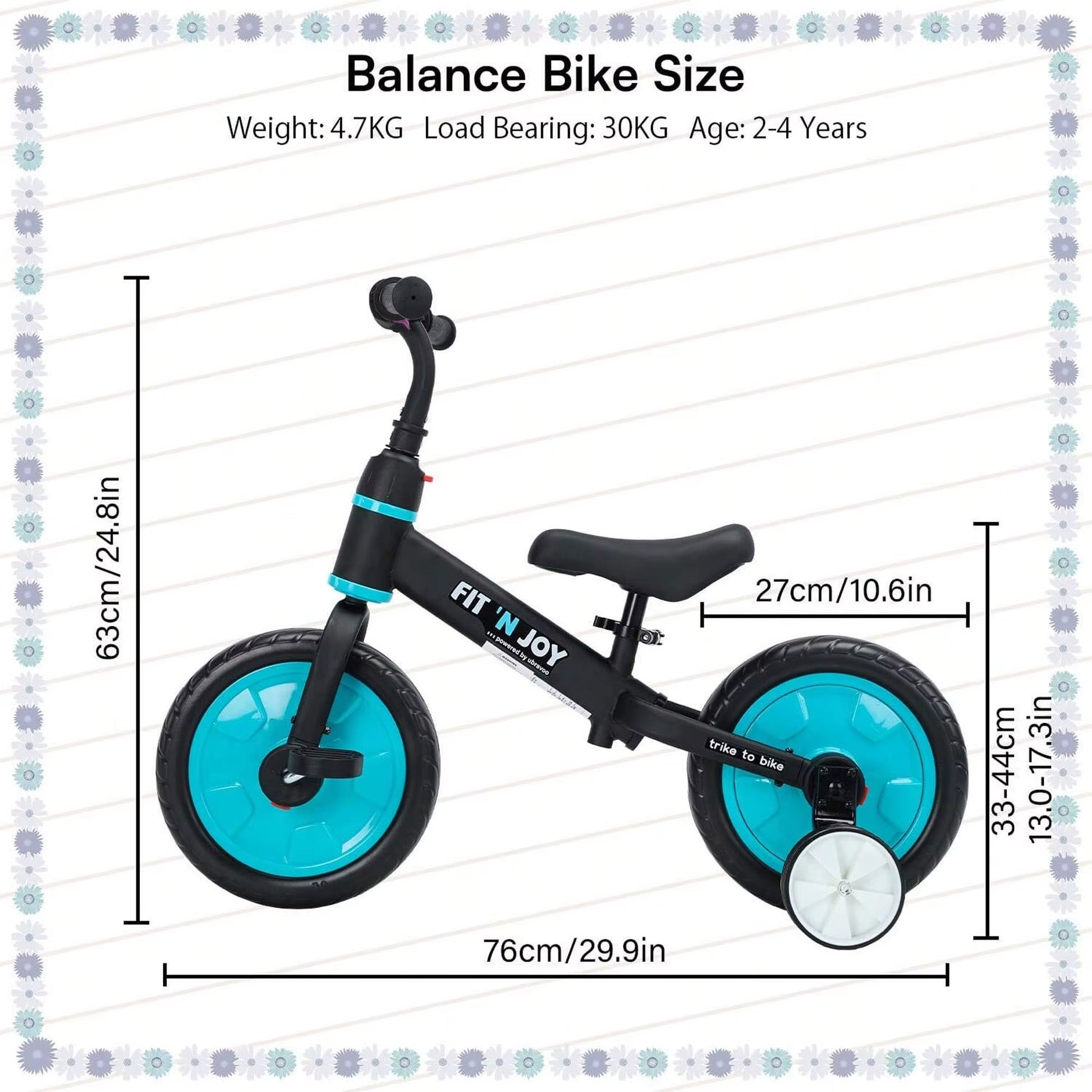 UBRAVOO Fit 'N Joy 4-in-1 Beginner Balance Bike for Toddlers Aged 2-4 - Versatile Training Bicycle with Pedals and Training Wheels for Boys and Girls